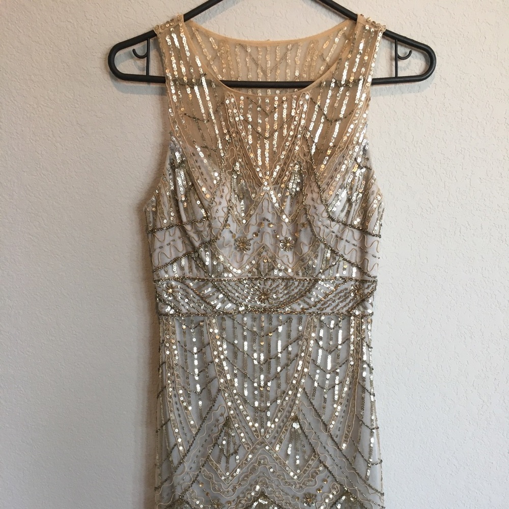 Sue wong Gold/nude beaded cocktail dress